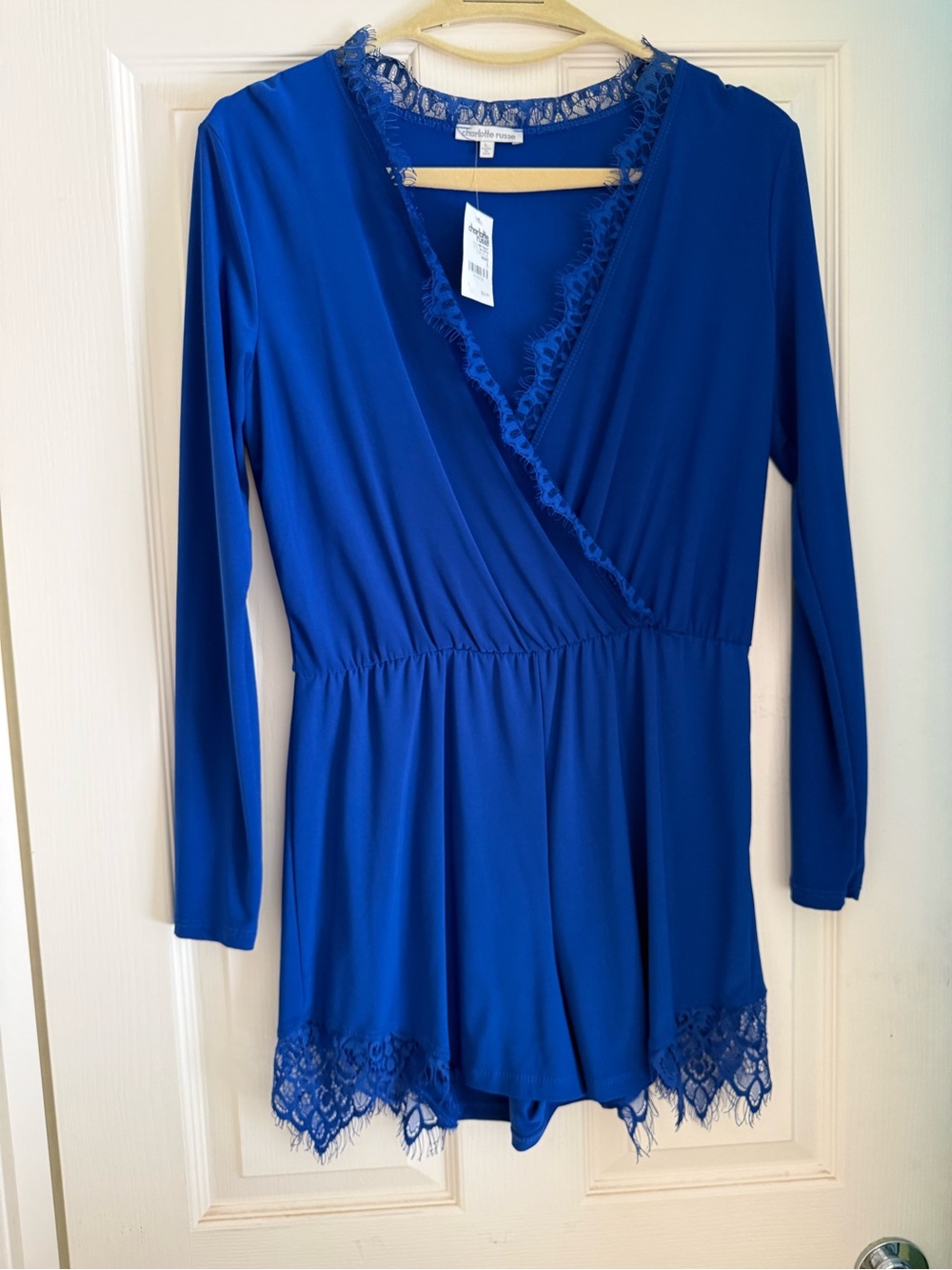 Charlotte Russe Blue Lace-Trim Wrap Romper